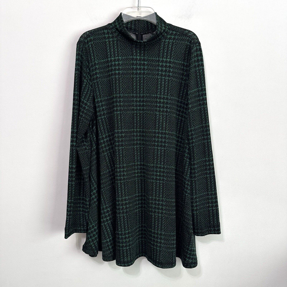 John Mark Green Tartan Plaid Mock Neck Knit Tunic Swing Sweater M Zipper Top‎